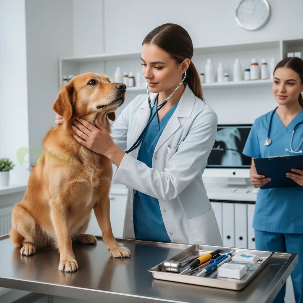 Ветеринар осматривает собаку на столе