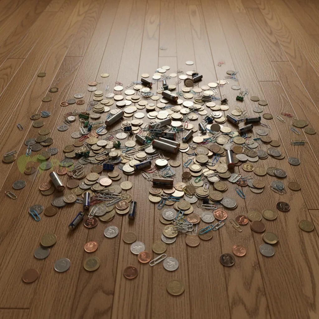 Разбросанные по полу мелкие предметы: монеты, скрепки, батарейки