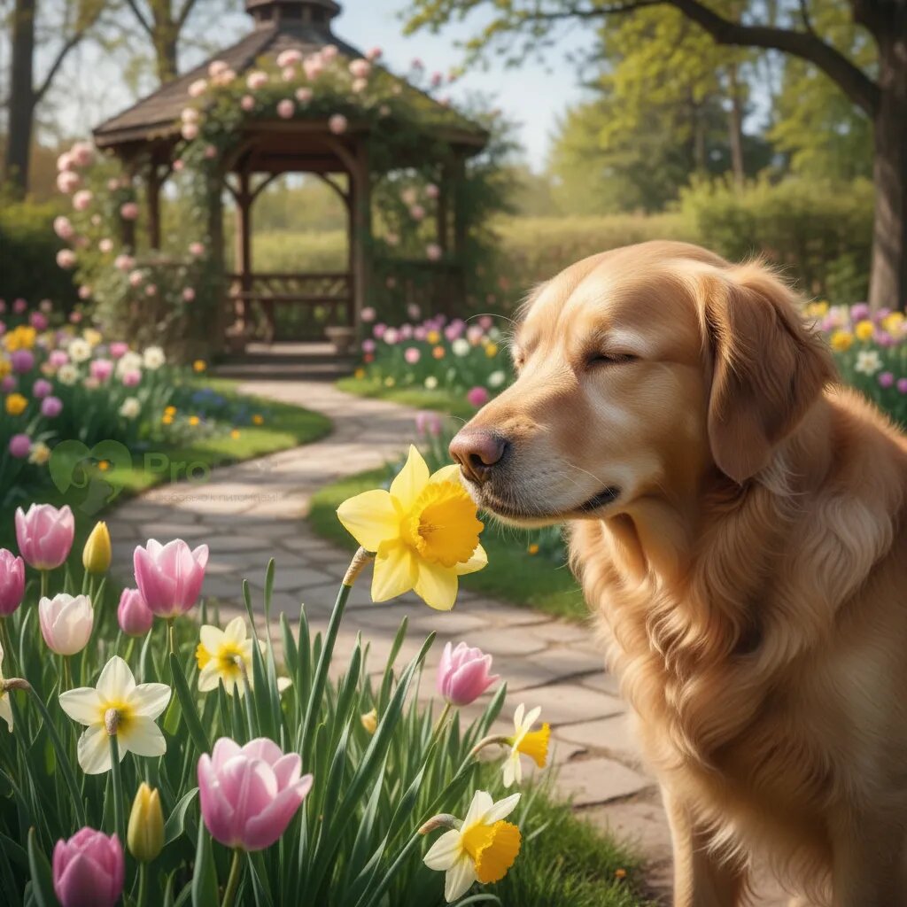 Собака нюхает цветок в саду