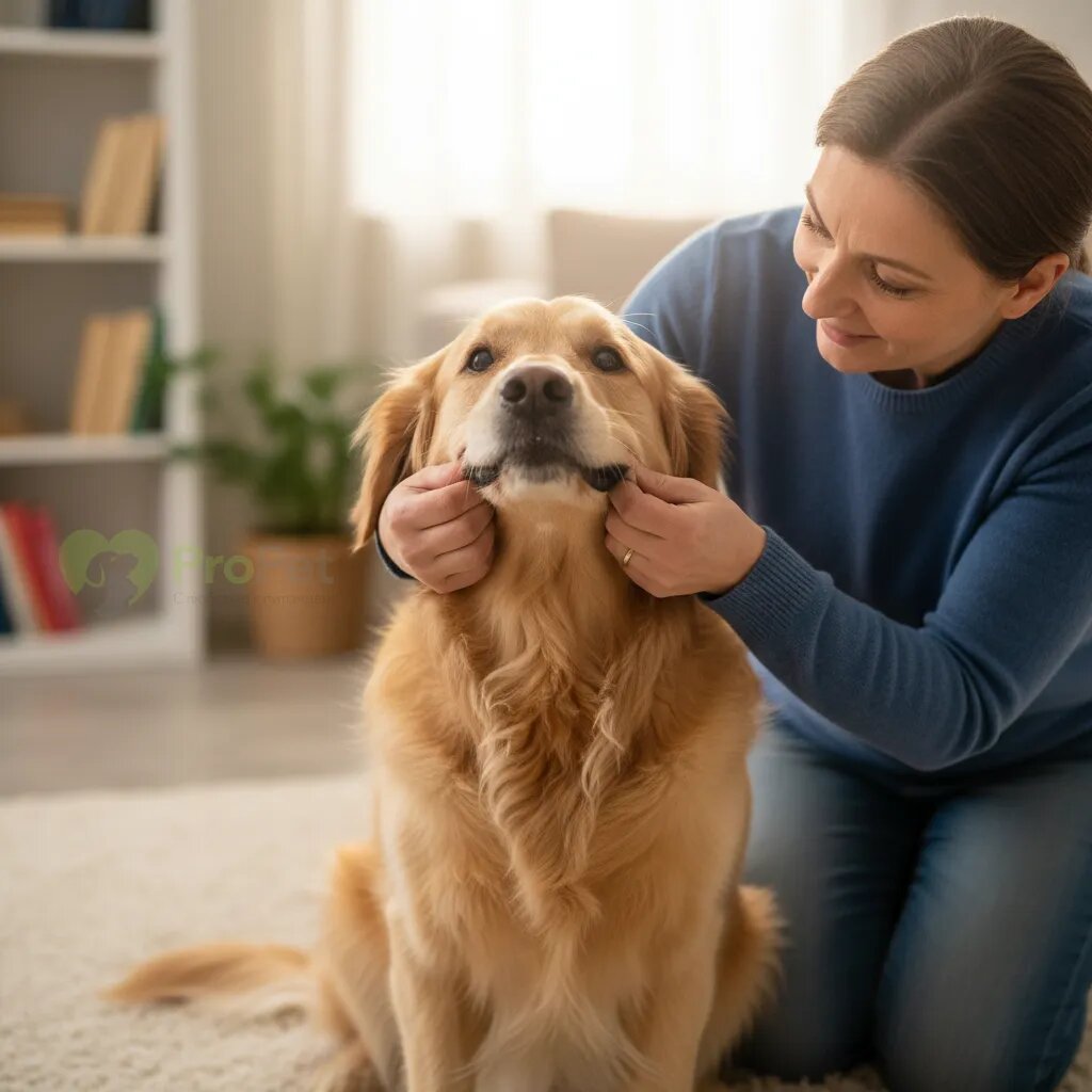 Владелец осматривает пасть своей собаки