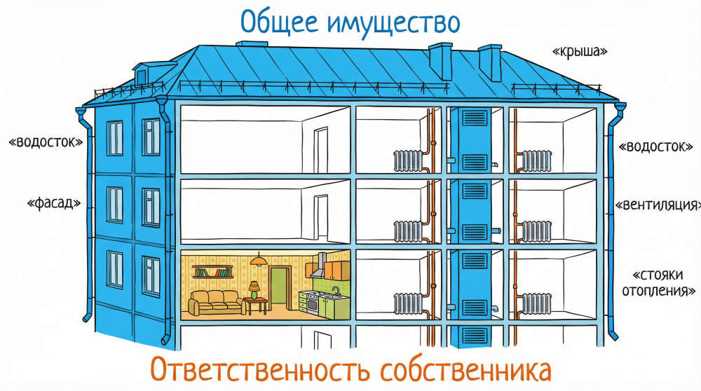    Крыша, водостоки и вентиляция относятся к общему имуществу дома и обслуживаются управляющей компанией