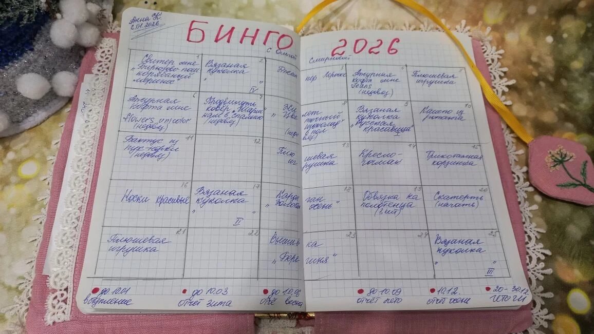 Бинго - это когда до определенного времени ты навяжешь или нарукоделишь работы, чтоб все ячейки по диагонали или горизнтали/вертикали были выполнены.