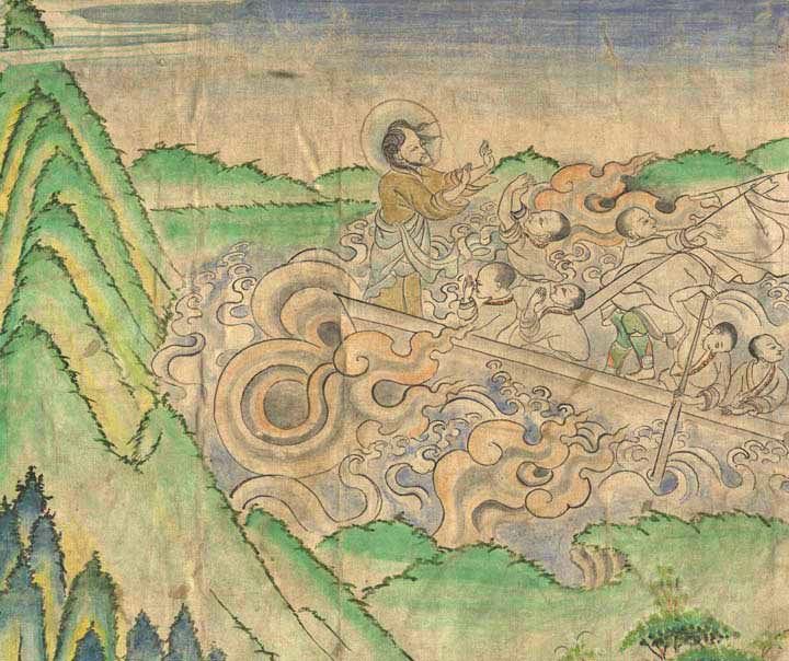 Сцена тибетской танки: Иисус успокаивает воды моря