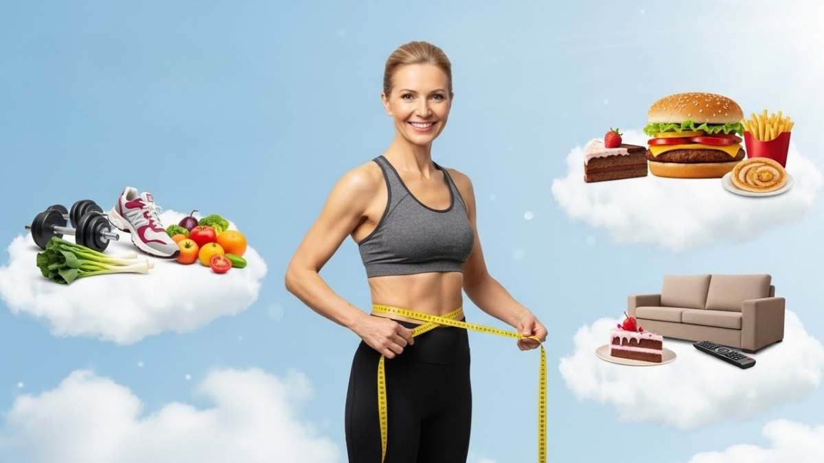 В центре стоит улыбающаяся женщина средних лет в спортивном топе и легинсах, измеряющая свою талию желтой сантиметровой лентой.