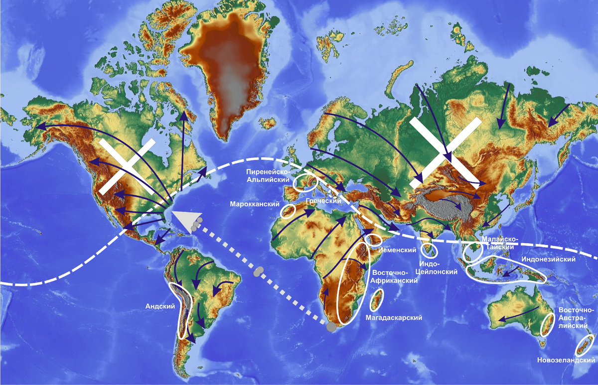 12 потенциальных участков, где люди могли выжить во время глобальной катастрофы, на карте рельефа. Синие стрелки – основные направления движения водных потоков по континентам; белый пунктир – южная граница ареала критического разрежения атмосферы; серый точечный пунктир - траектория полёта астероида.