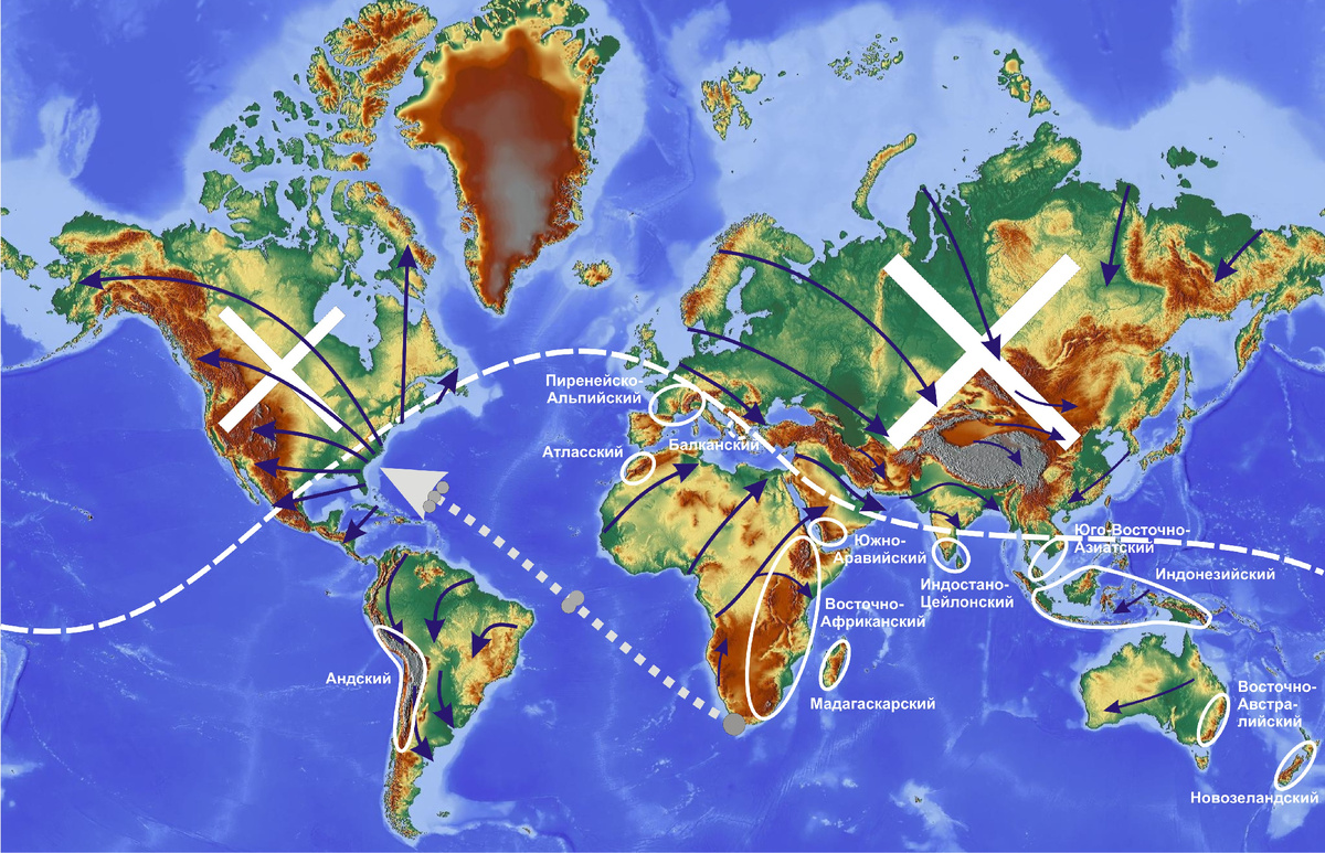 12 потенциальных участков, где люди могли выжить во время глобальной катастрофы, на карте рельефа. Синие стрелки – основные направления движения водных потоков по континентам; белый пунктир – южная граница ареала критического разряжения атмосферы; серый точечный пунктир - траектория полёта астероида.