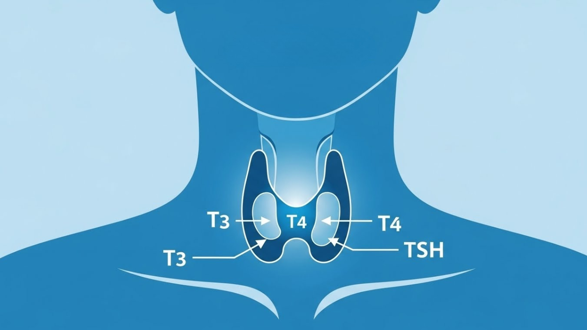 анатомическое изображение шеи и расположения щитовидной железы, выделенные зоны Т3, Т4 и ТТГ