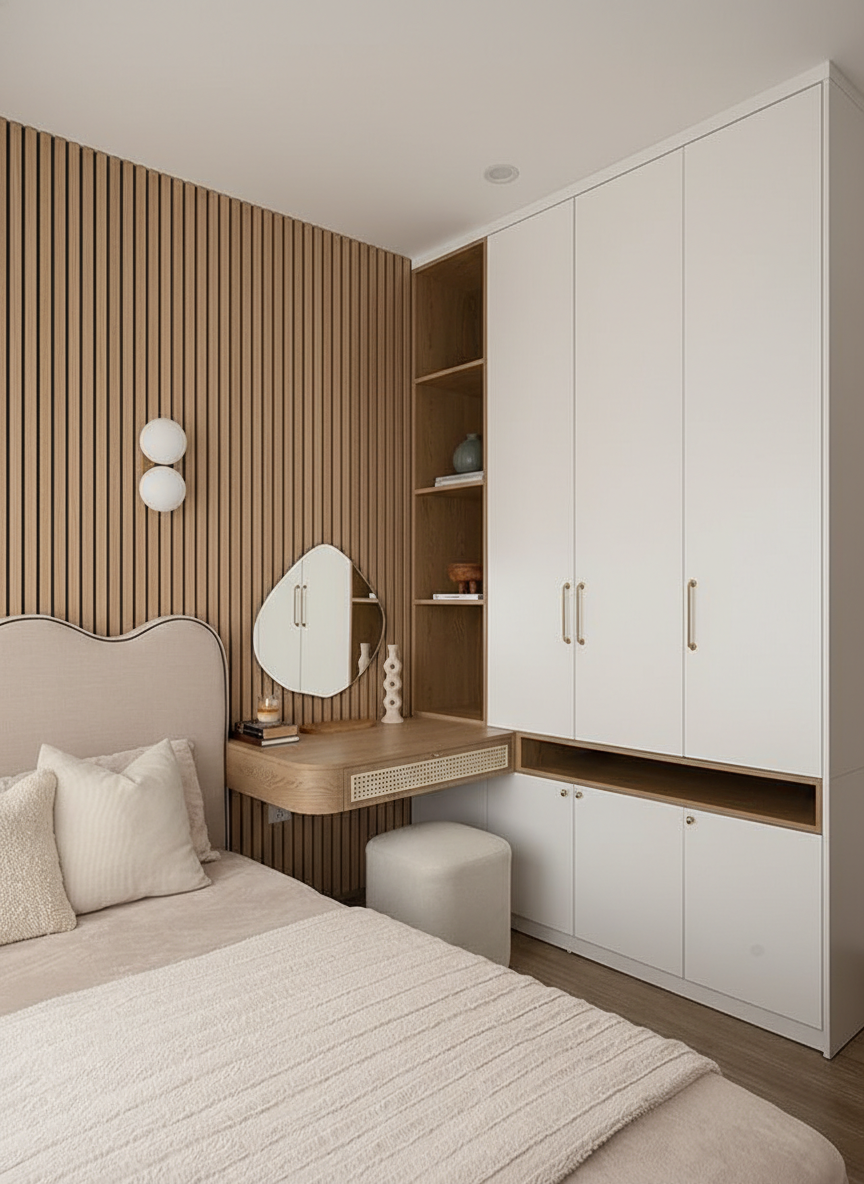Пример стильной, актуальной и бюджетной отделки и обустройства спальни, оптимизированной в декоре и меблировке. Отделка стены - акустические стеновые панели VEROL. Артикул на WB: 333200039.