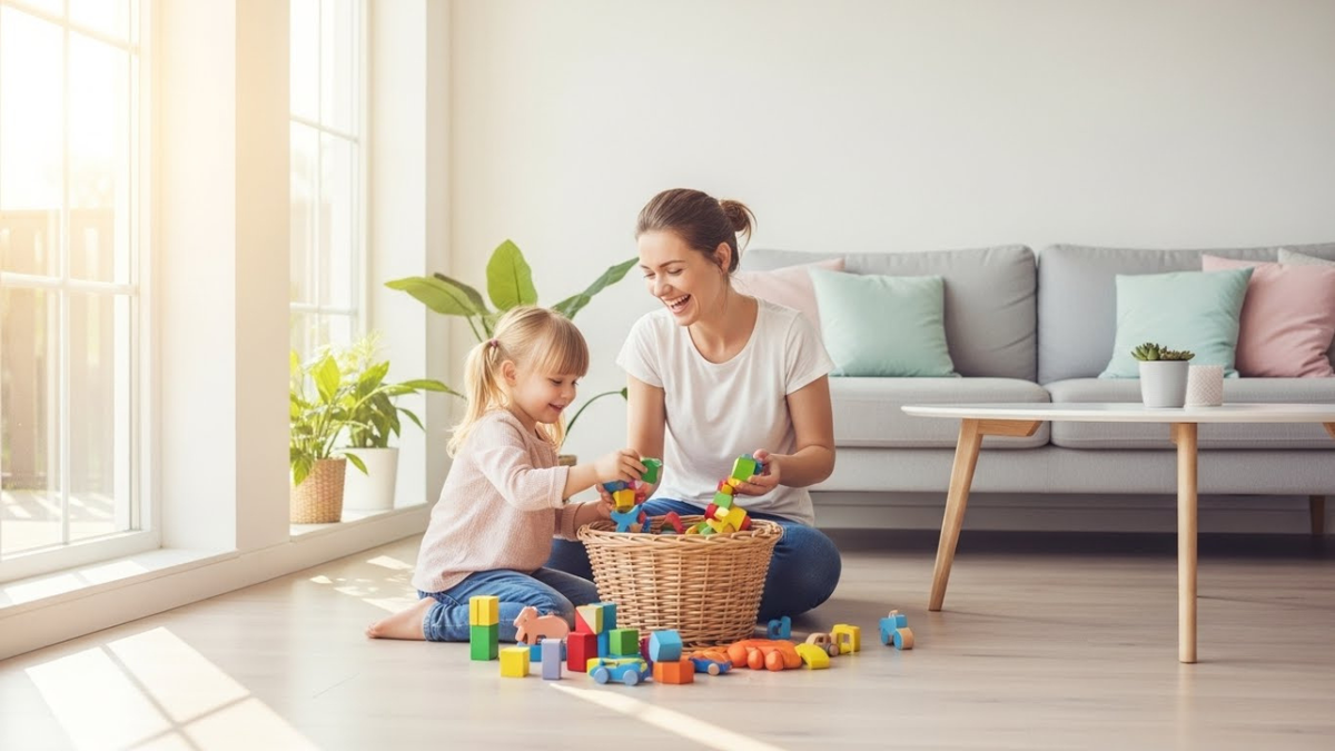Молодая мама и маленькая дочь весело смеются, вместе собирая яркие деревянные игрушки в плетеную корзину.