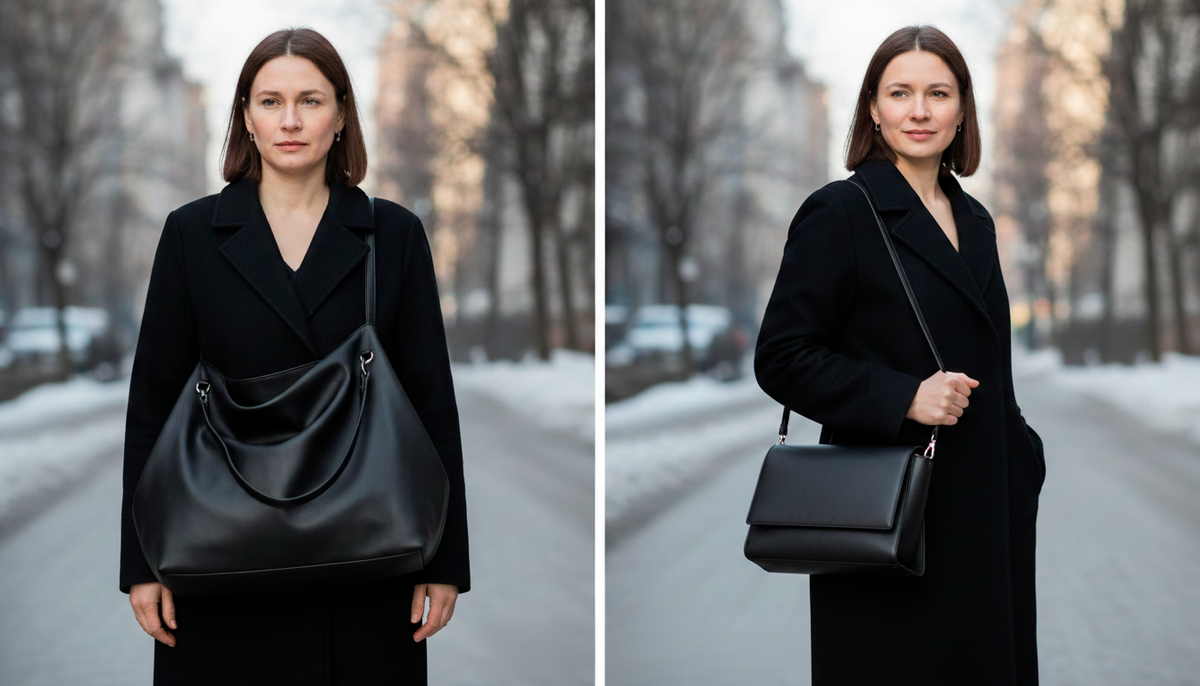 Одна и та же женщина, одно и то же пальто — разница в одной детали! Слева старая объёмная сумка 2015 года — фигура выглядит тяжелой, образ устаревший. Справа минималистичная сумка на длинной ручке — и вот уже вся история меняется. Современно, элегантно, молодо. Вот почему сумка — это главное!