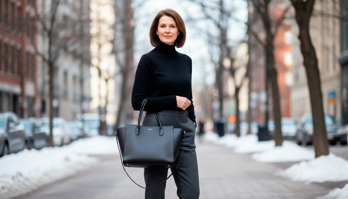 Классическая сумка-тоут — это универсальный помощник. Видите, как длинные ручки удлиняют линию руки и вытягивают весь силуэт? Размер идеальный — не слишком большой, не слишком маленький. Качественная кожа выглядит дорого, независимо от цены. Такую сумку можно носить с пальто, с платьем, с джинсами — везде уместно.