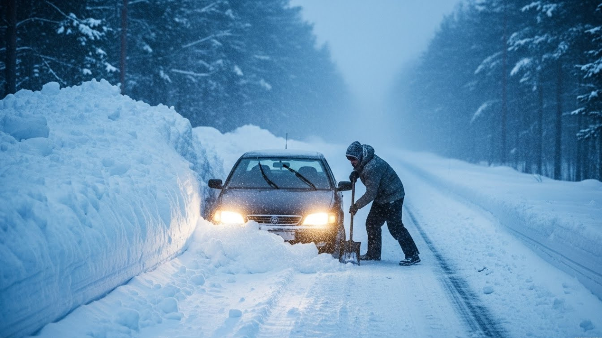 Водитель в теплой одежде откапывает колеса лопатой.