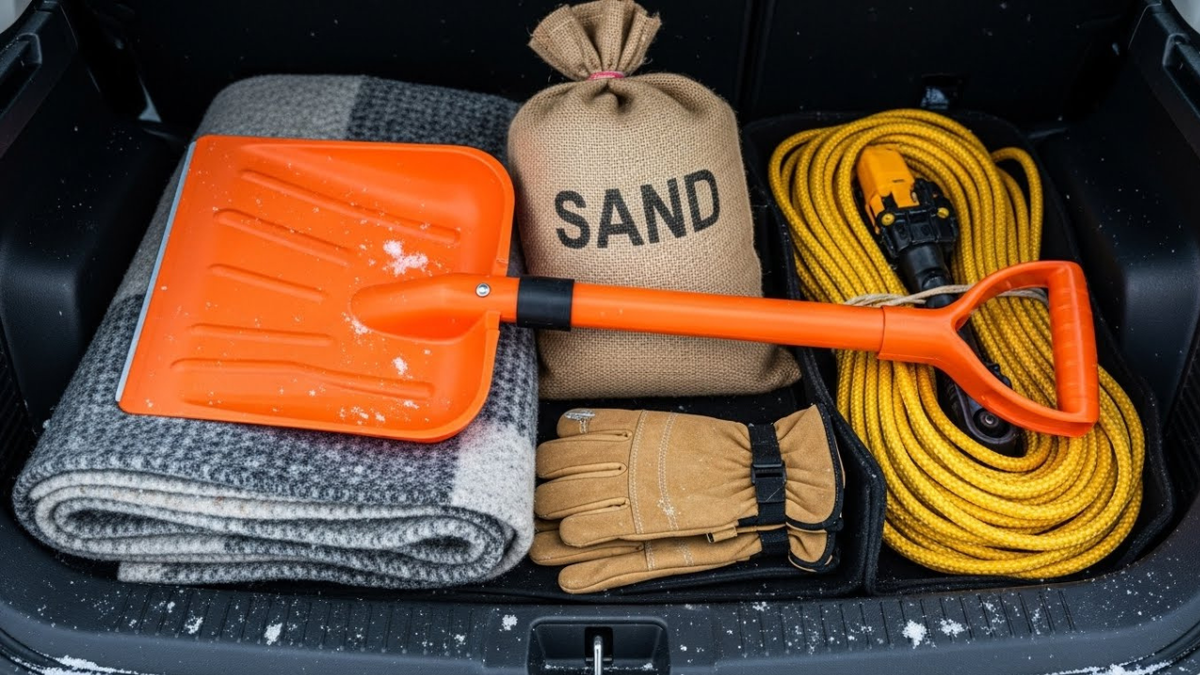 аккуратно сложен зимний аварийный набор: яркая складная лопата, мешок с песком, свернутый буксировочный трос, толстое шерстяное одеяло и рабочие перчатки.