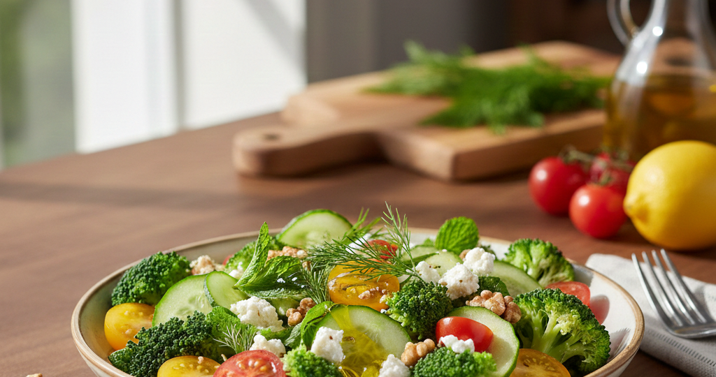 Полезный салат из брокколи с огурцом и помидорами черри