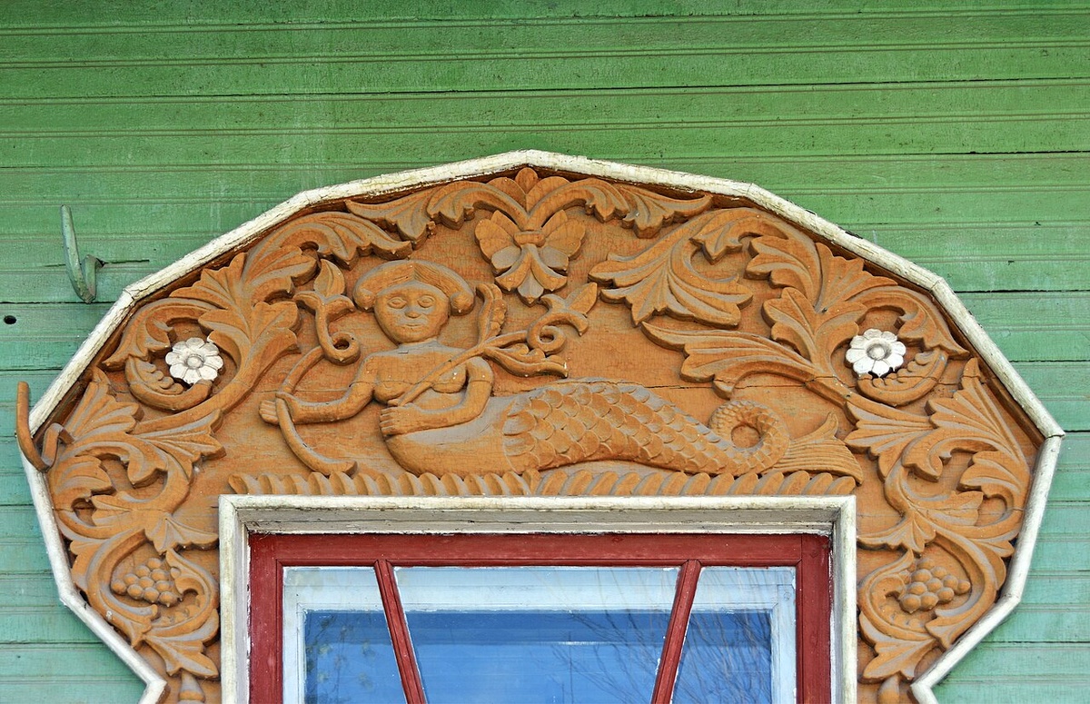 Фрагмент резьбы особняка купца Пришлецова, известного как «Дом с русалками», г. Гороховец. Фото: Wikimedia Commons / Ludvig14, CC BY-SA 4.0