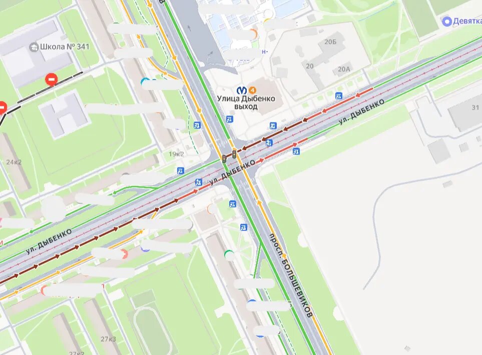    Перекресток проспекта Большевиков и улицы Дыбенко. Фото: скриншот сервиса «Яндекс.Карты»