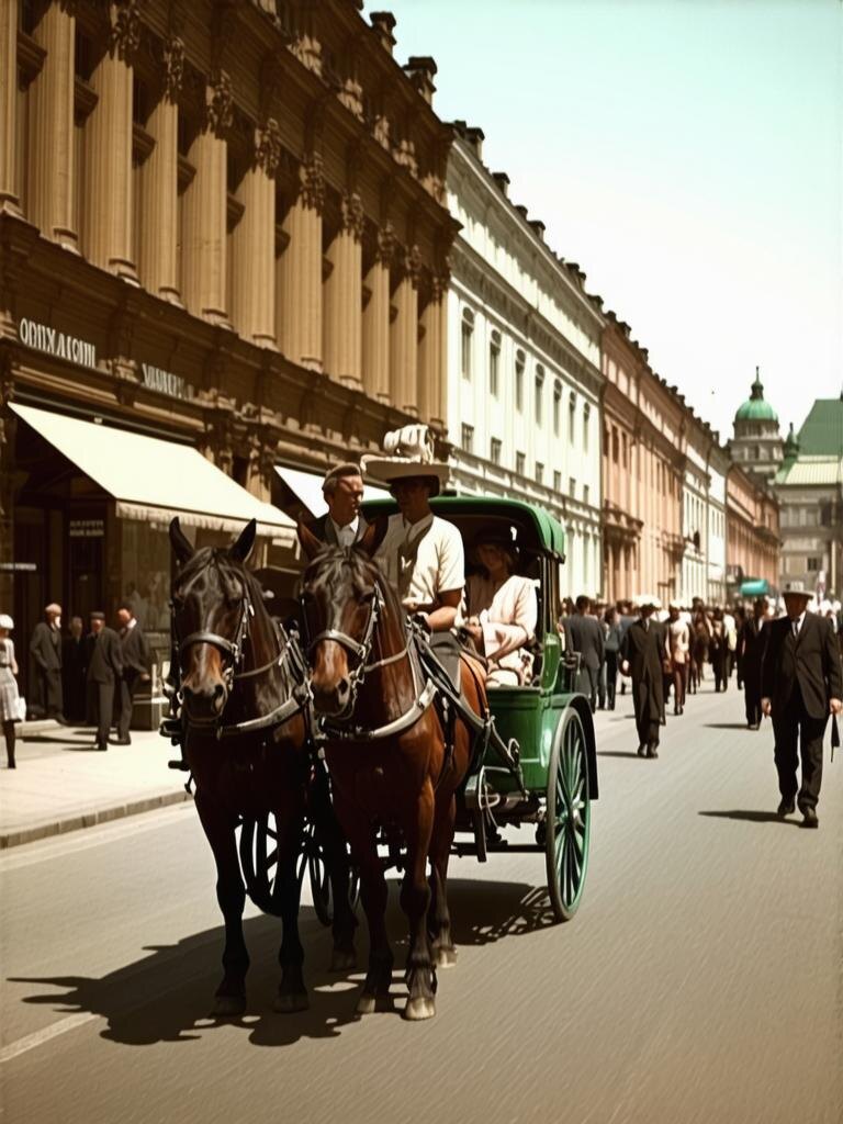 Москва, 1928. Узкая Тверская. По ней еще ездит конка, а знаменитые сталинские высотки — лишь проект в будущем.