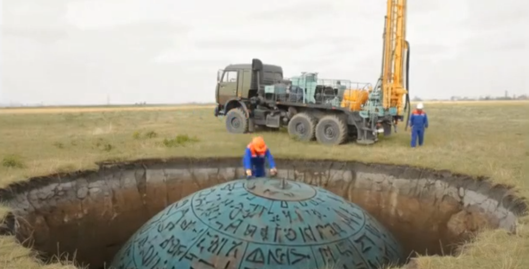 В Сибири бурили ямы, как вдруг произошёл обвал, внутри которого показался круглый объект, содержащий в себе ячейки.