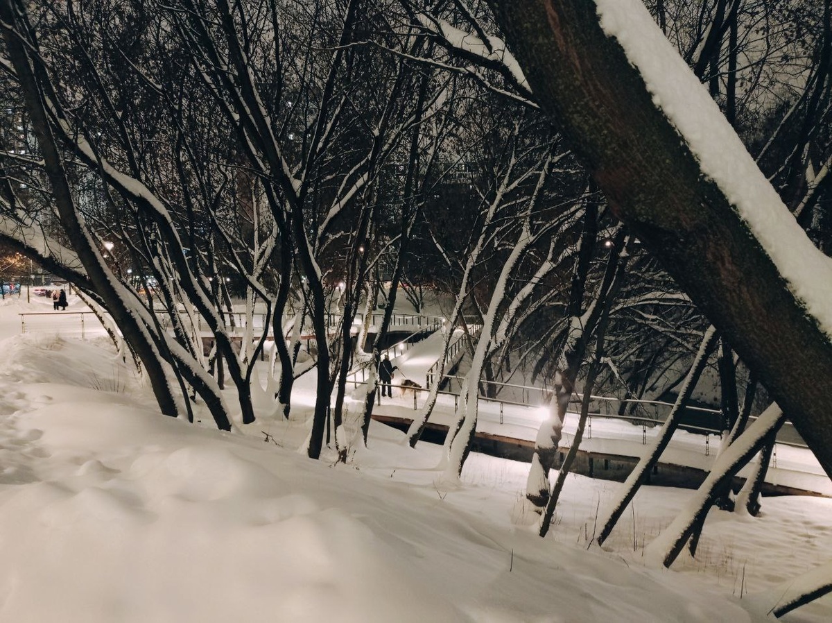 Всё белым-бело. Не очень видно, на улице уже темно, но всё равно - красота! За мостками - Яуза спряталась.