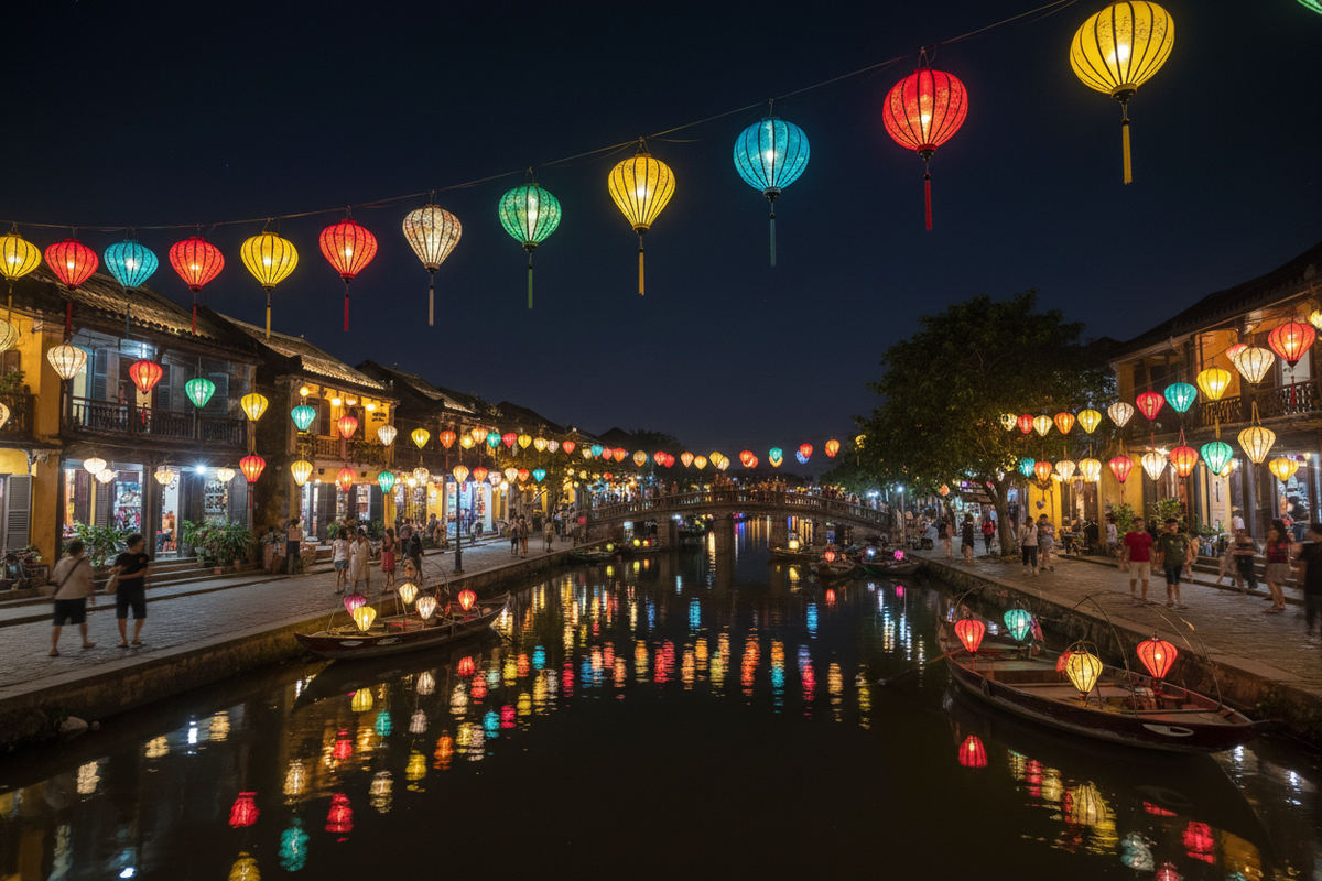 Старинный город Хойан ночью с фонариками на реке