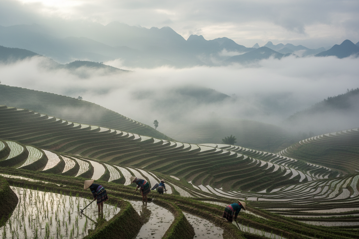 Рисовые террасы в Сапе — утренний туман и горные пейзажи