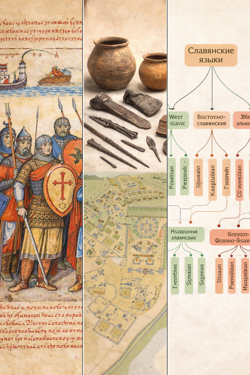 Коллаж из трех источников знаний о славянах
