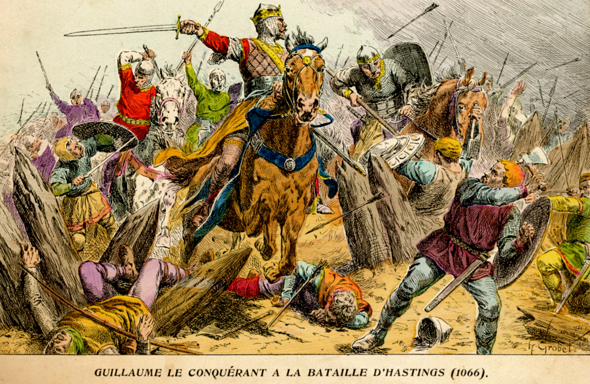 "Вильгельм Завоеватель в битве при Гастингсе". Цветная иллюстрация к книге Х.Гробе "История Франции". 1902