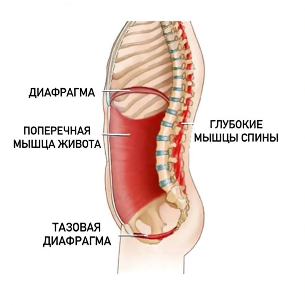Наш "внутрибрюшной цилиндр'" или иначе называя - "силовая пара" состоит из следующих мышц