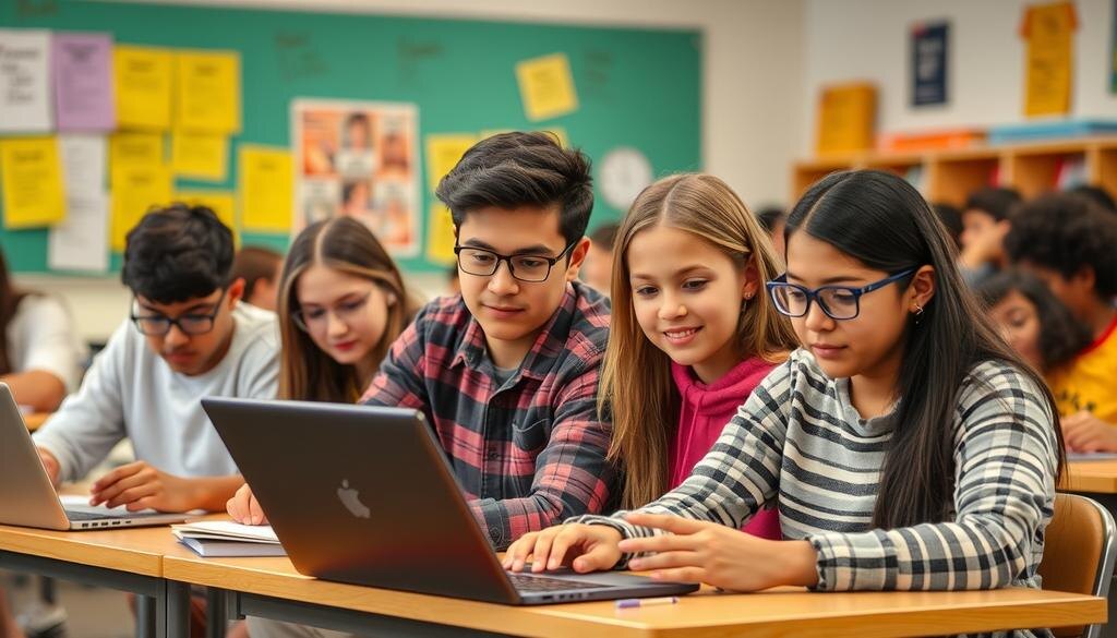    Изображение студентов, использующих ноутбук.