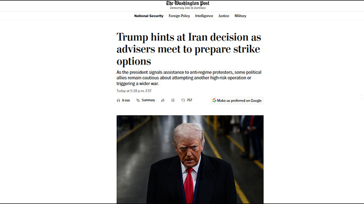    The Washington Post: "Пока советники Трампа совещаются, он уже дал понять, что готов оказать помощь протестующим в Иране". Скриншот: WP