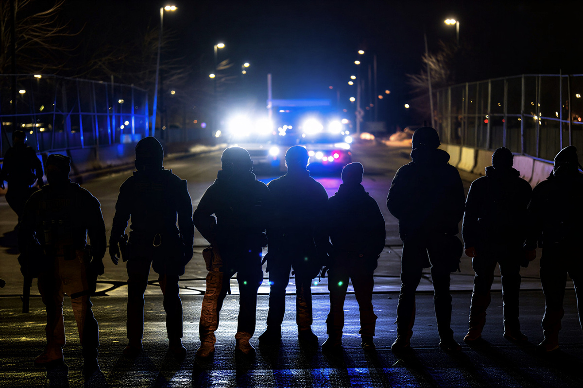 Сотрудники федеральных органов стоят на страже после задержания людей у ​​здания федерального суда имени епископа Генри Уиппла 13 января в Миннеаполисе. | (Фото AP/Адам Грей)