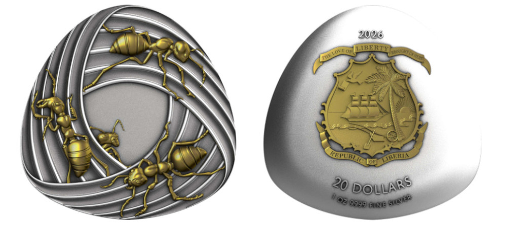    Памятная серебряная монета Либерии 2026 года с муравьями на ленте Мёбиуса, вдохновленная М. К. Эшером