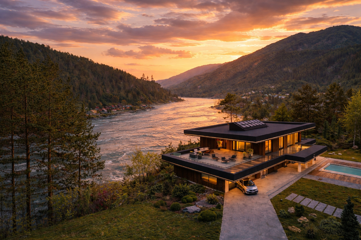 Рендер коттеджа на реке Катунь, Аннинское поселение, Республика Алтай.