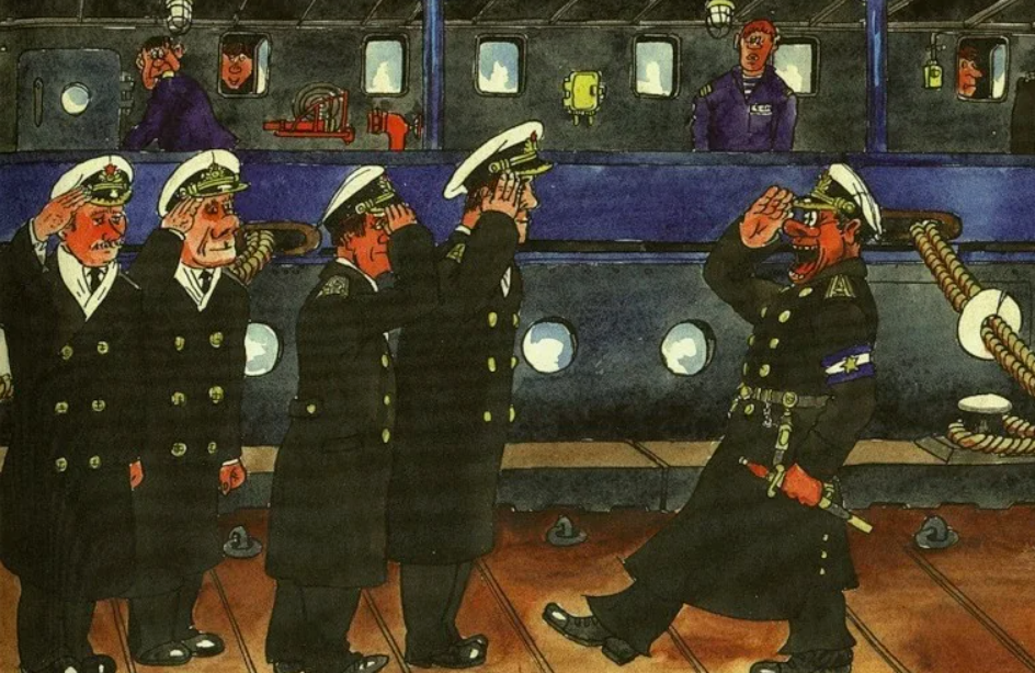 Дежурный по бригаде подводных лодок встречает начальство.  Рисунок О. В. Каравашкина.
