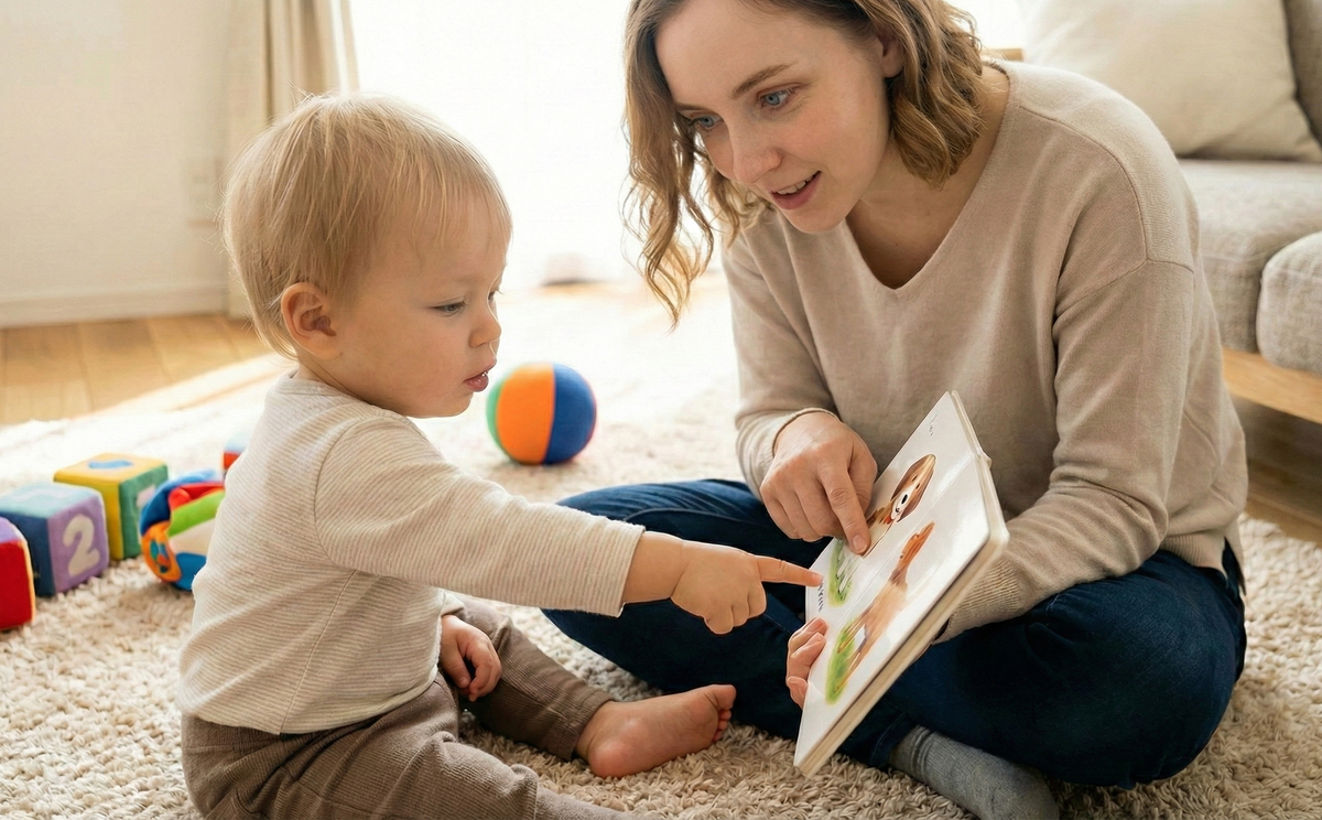 Ребенок повторяет за мамой слова в книжке