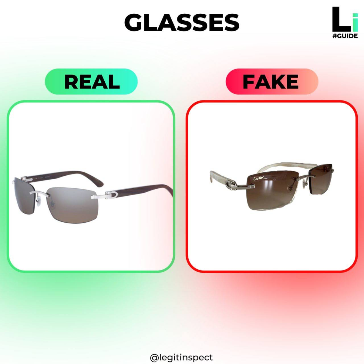 Общий вид: у оригинала premium-материалы и идеальная сборка, у фейка — легкие материалы и неаккуратная оправа