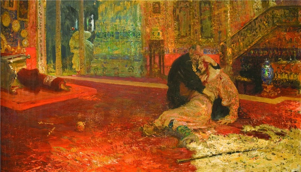 Вторая версия картины, 1909 год. Воронежский областной художественный музей, Воронеж. И.Я. Репин: «В то время на всех выставках Европы в большом количестве выставлялись кровавые картины. И я, заразившись, вероятно, этой кровавостью, по приезде домой, сейчас же принялся за кровавую сцену Иван Грозный с сыном. И картина крови имела большой успех».