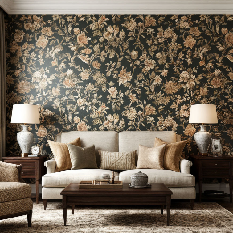 На изображении представлена гостиная с элегантным интерьером. Стены украшены обоями с цветочным узором, что придает комнате уют и изысканность.