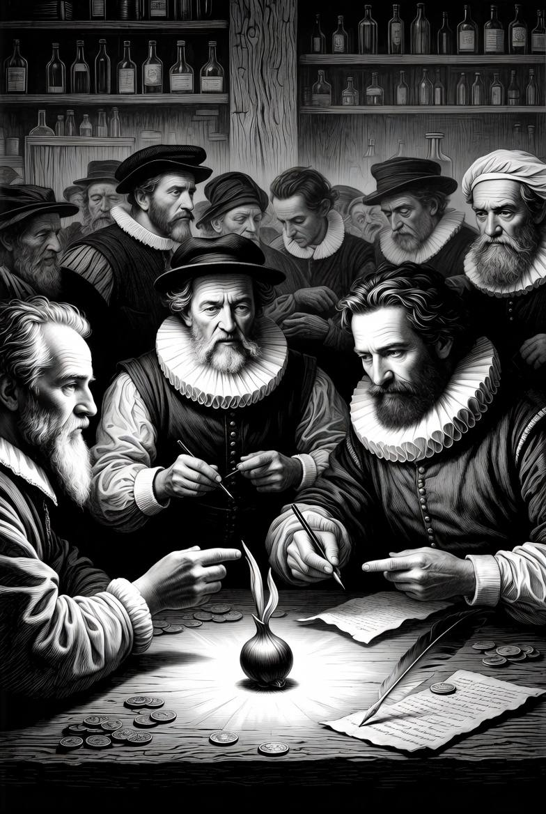 Торговля луковицами тюльпанов в таверне в разгар тюльпаномании в Голландии XVII века.