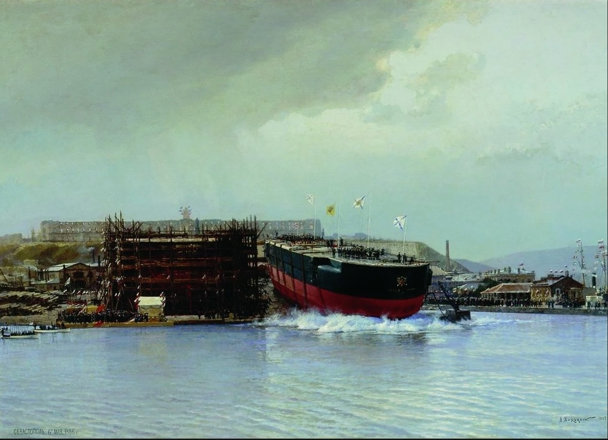 «Спуск броненосца «Чесма» в Севастополе», картина художника А.К. Беггрова, (1887)