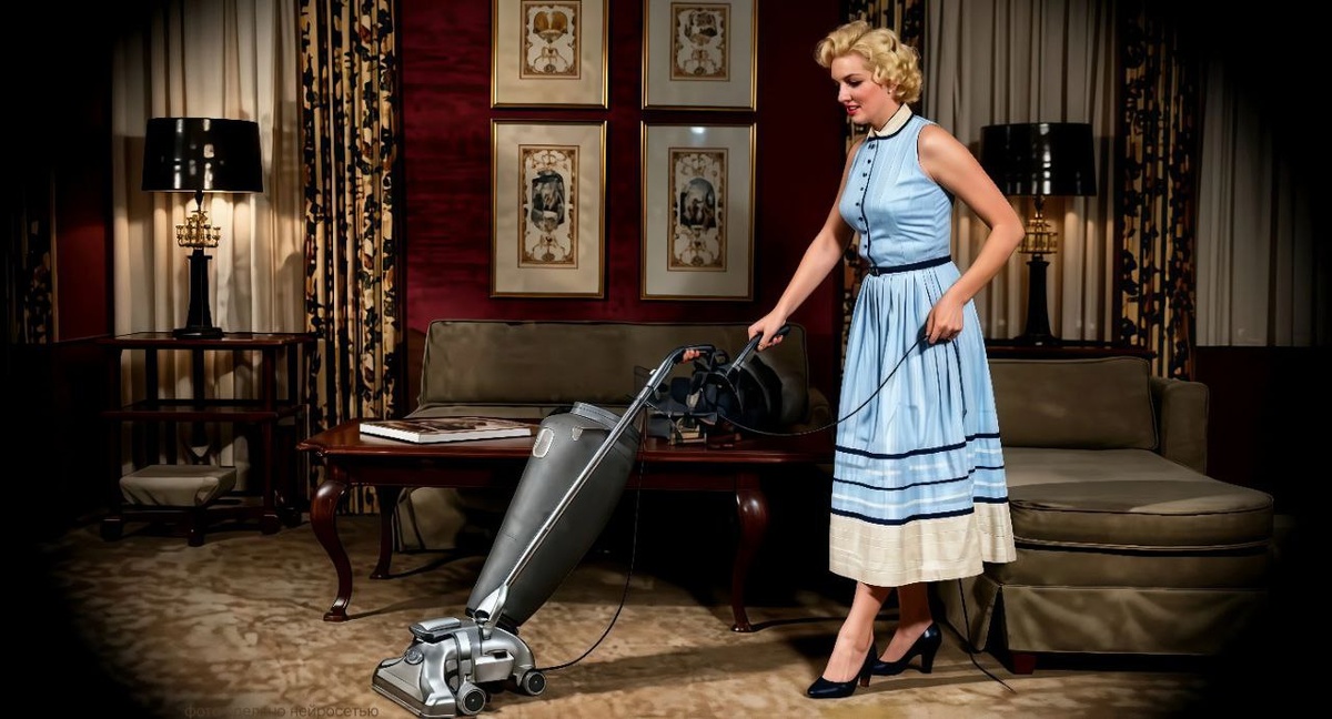 Женщина пылесосит ковёр