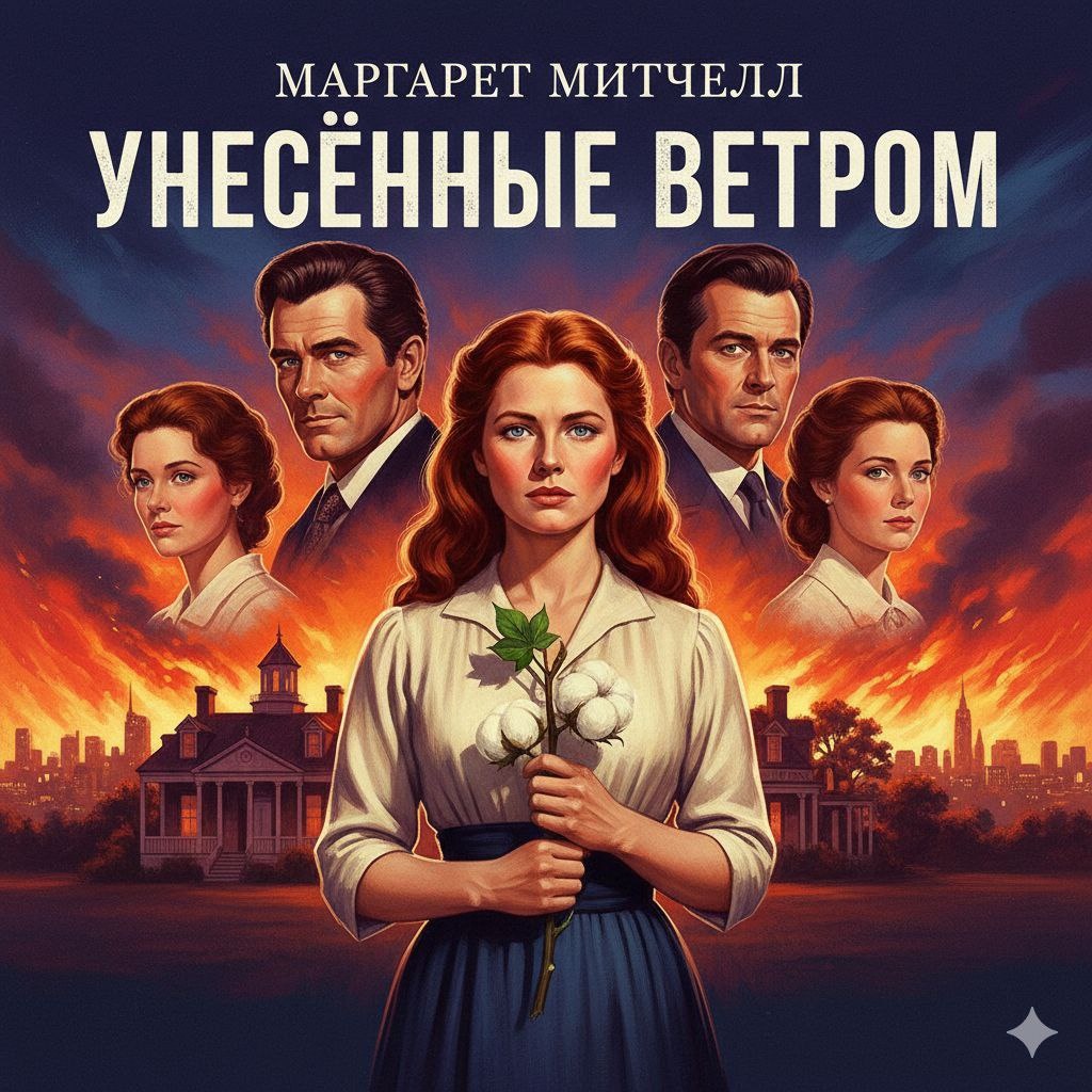 ​Маргарет Митчелл — «Унесённые ветром»
​Суть в одной фразе:
Эпическая история выживания капризной южанки, которая теряет старый мир, но обретает железную волю, любовь и понимание того, что «завтра будет другой день».
​Мир и герои:
Американский Юг времён Гражданской войны. В центре — Скарлетт О’Хара, эгоистичная красавица с деловой хваткой, и Ретт Батлер, циничный авантюрист, который видит её насквозь.
​Сюжетный драйв:
​Крах иллюзий: Скарлетт влюблена в благородного Эшли Уилкса, но тот женится на кроткой Мелани. Грядет война, которая уничтожает привычный Скарлетт мир роскошных балов.
​Борьба за Тару: Чтобы спасти родное поместье от голода и налогов, Скарлетт идет на всё: работает в поле, убивает мародера и выходит замуж за нелюбимых ради денег.
​Ретт и Скарлетт: Их отношения — это постоянный поединок. Ретт любит её, но Скарлетт осознает свои чувства к нему слишком поздно, когда его терпение исчерпано.
​Финал: Скарлетт теряет единственную подругу Мелани и любовь Ретта. Она остается одна, но не сломлена. Она возвращается в Тару, чтобы набраться сил.
​В чем «фишка»:
Это не просто любовный роман, а гимн витальности. Скарлетт — антигероиня, которая вызывает восхищение своей способностью восставать из пепла, когда все остальные сдались.
​Цитата-код:
​«Я подумаю об этом завтра»