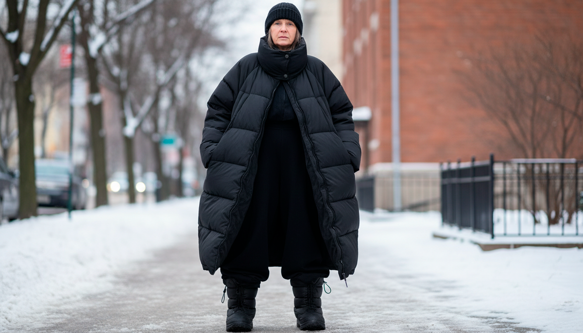 Всё объёмное сразу — это катастрофа! Огромный пуховик, широкие штаны, массивные ботинки. Женщина выглядит как сугроб на ножках. Фигура потеряна полностью, плюс 15 кг визуально, плюс 10 лет к возрасту. Это не оверсайз, это просто неправильный выбор.