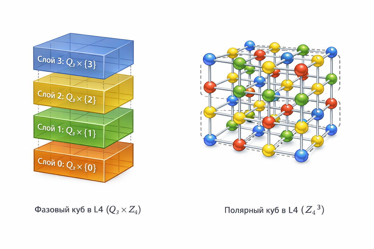 Слева — PHASE-куб Q3 × Z4 как «стопка» из 4 слоёв, справа — POLAR-куб Z4^3 как решётка 4×4×4 с циклической смежностью (±1 mod 4) и отметкой полуоборота (+2).