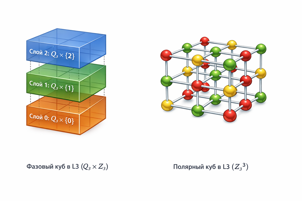 Слева — PHASE-куб Q3 × Z3 как «стопка» из 3 слоёв, справа — L3 POLAR-куб как решётка Z_3^3 с циклической смежностью (±1 mod 3): три слоя 3×3, вертикальные связи между слоями и явная «замкнутость» по модулю 3.