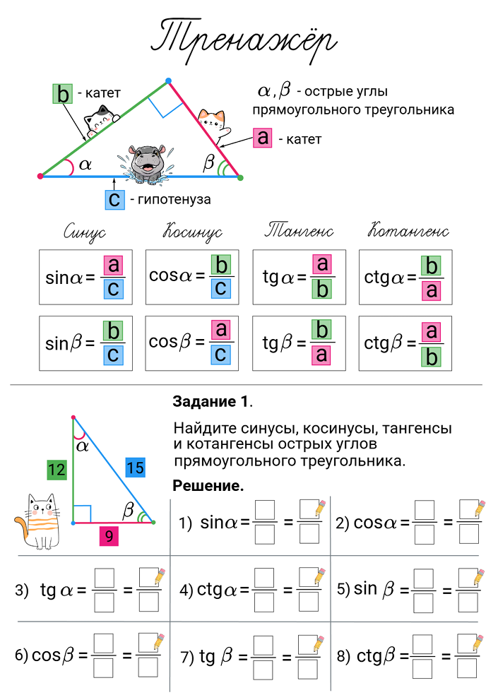 😼 Тренажёр «Тригонометрические функции острого угла прямоугольного треугольника»