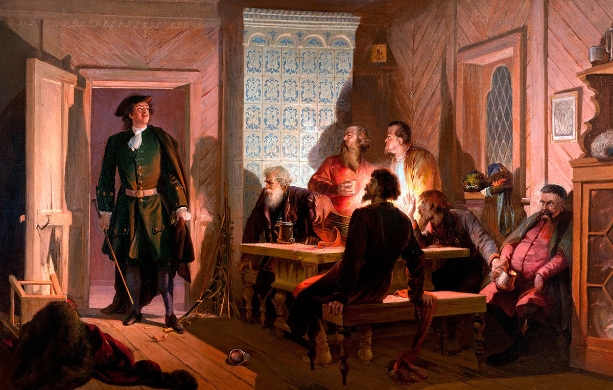    Картина Адольфа Шарлеманя "Петр I накрывает заговорщиков в доме Цыклера 23 февраля 1697 года", 1884 год  Официальная страница Государственного Русского музея во "ВКонтакте"