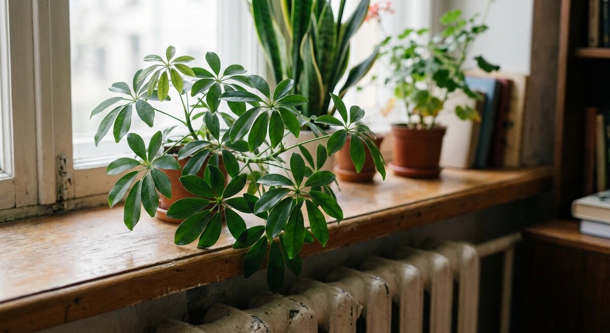 Старайтесь найти место на подоконнике, где шефлера не будет жариться от батареи (на фото плохой пример)