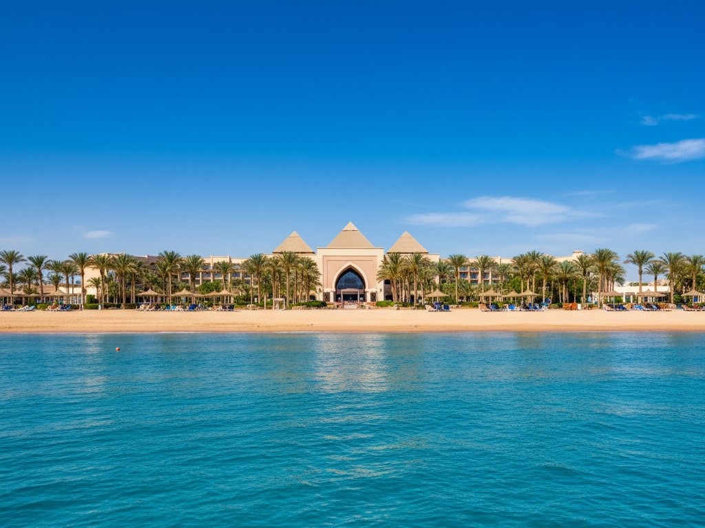 Вид с моря на пляж и отель в Хургаде