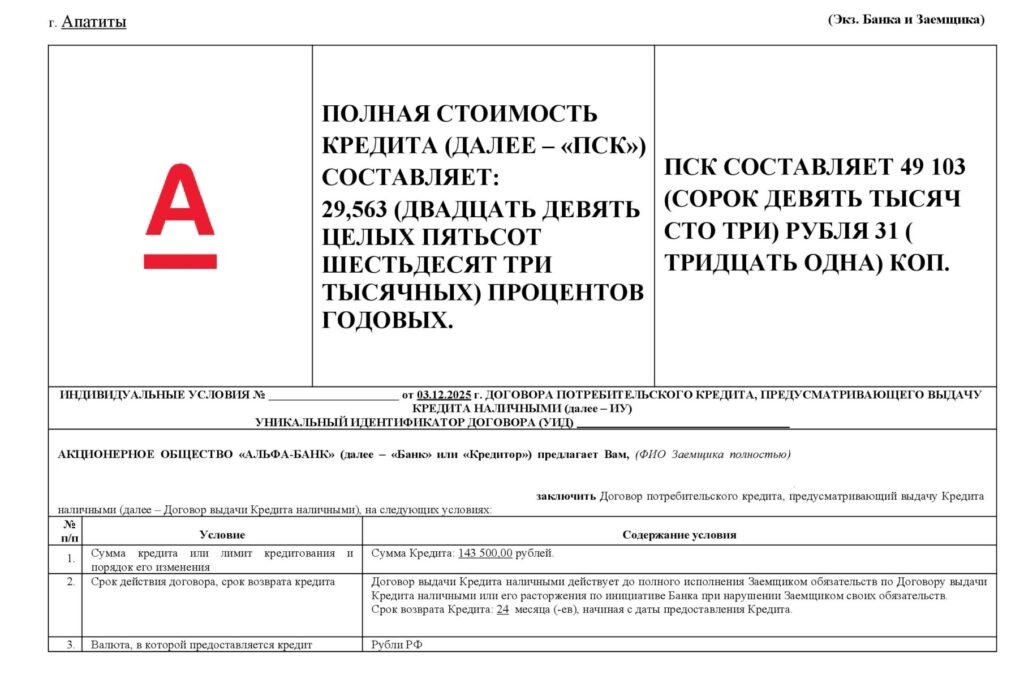 Кредитный договор в АО "Альфа-банк"